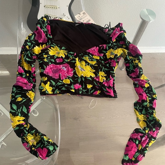 Zara Tops - Zara Vibrant Black Blouse with Pink and Yellow Floral Pattern